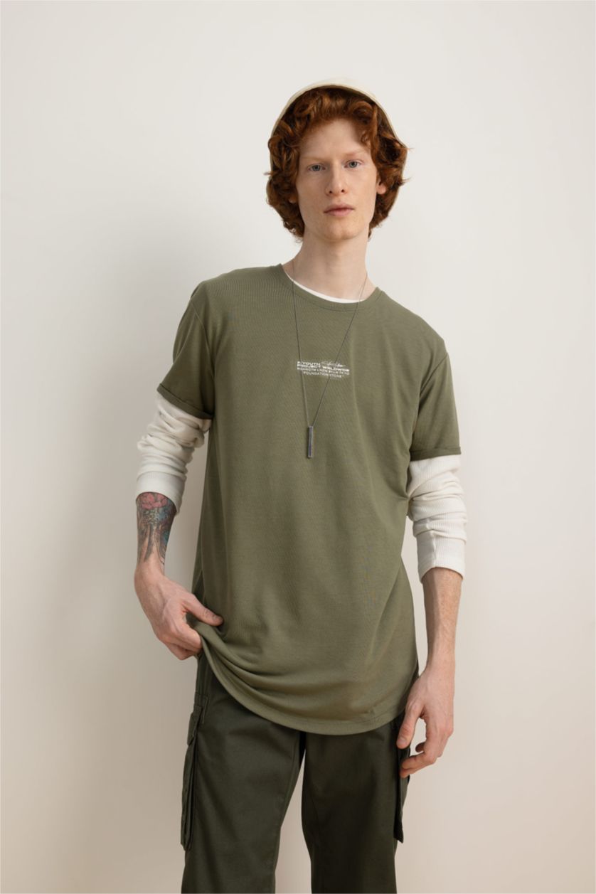 MAN Light Khaki Long Muscle Fit Crew Neck Printed T-Shirt