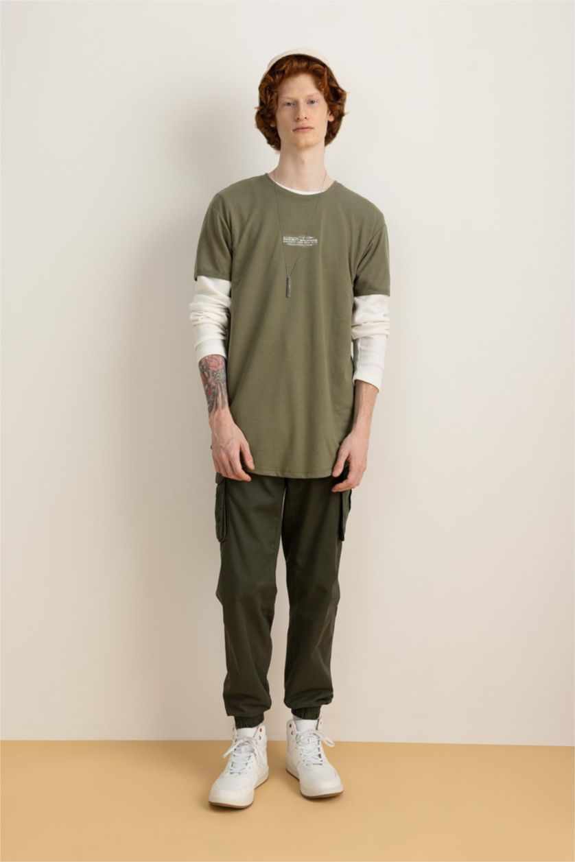 MAN Light Khaki Long Muscle Fit Crew Neck Printed T-Shirt