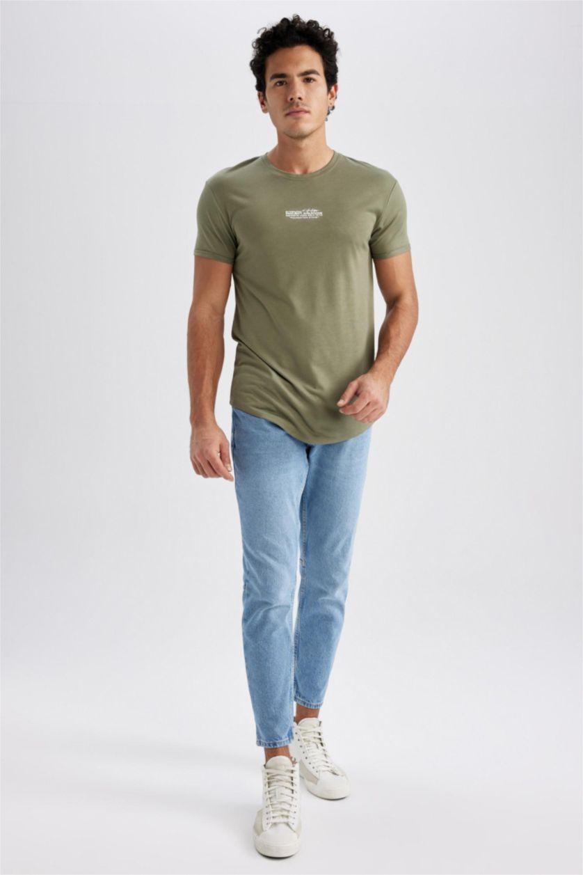 MAN Light Khaki Long Muscle Fit Crew Neck Printed T-Shirt