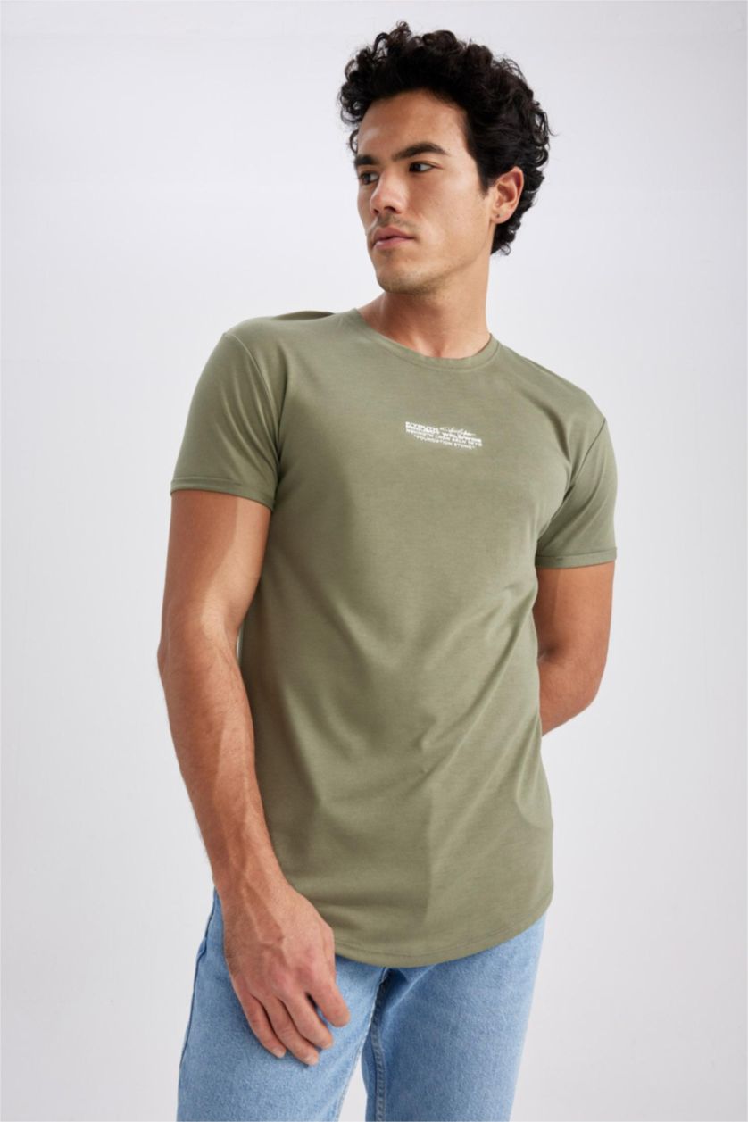 MAN Light Khaki Long Muscle Fit Crew Neck Printed T-Shirt
