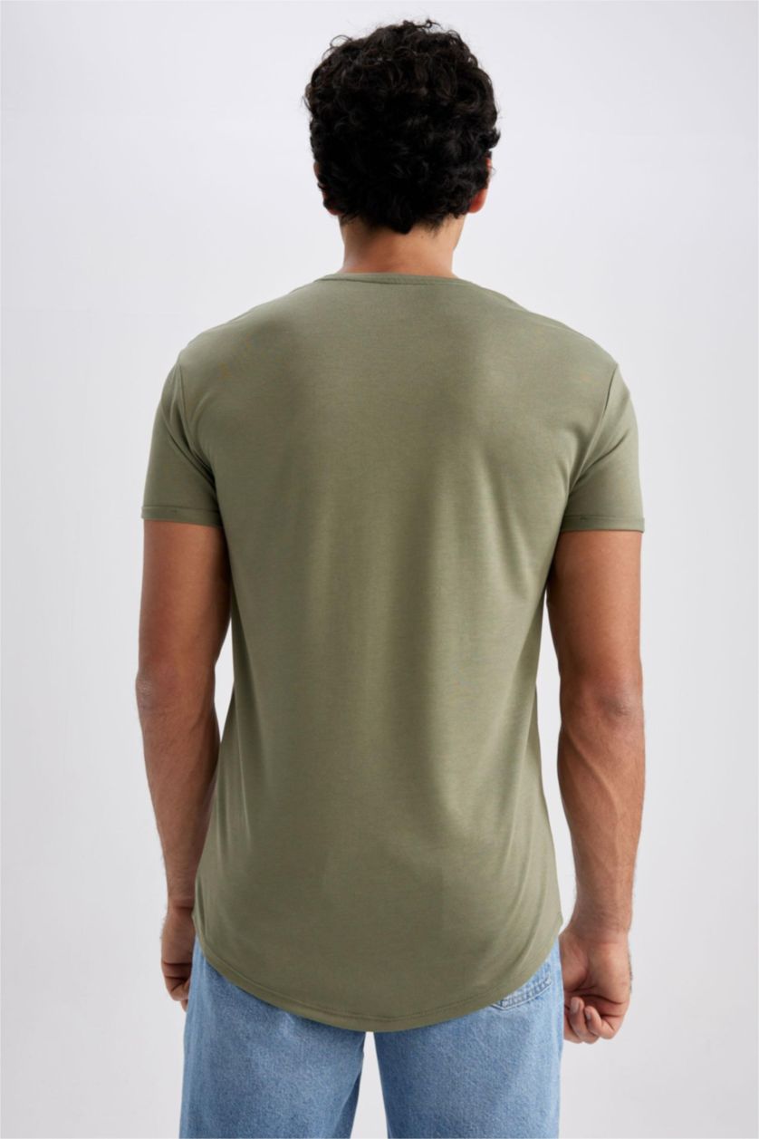MAN Light Khaki Long Muscle Fit Crew Neck Printed T-Shirt