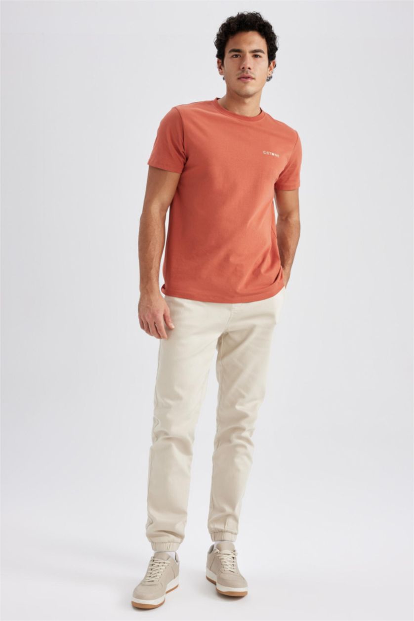 رجال برتقالي تيشيرت مطبوع سليم فيت برقبة مستديرة