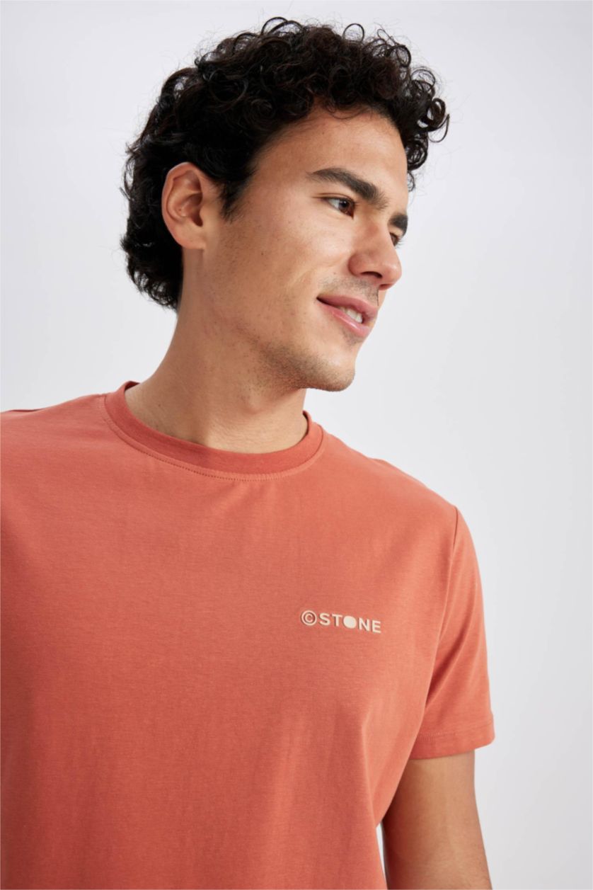 رجال برتقالي تيشيرت مطبوع سليم فيت برقبة مستديرة