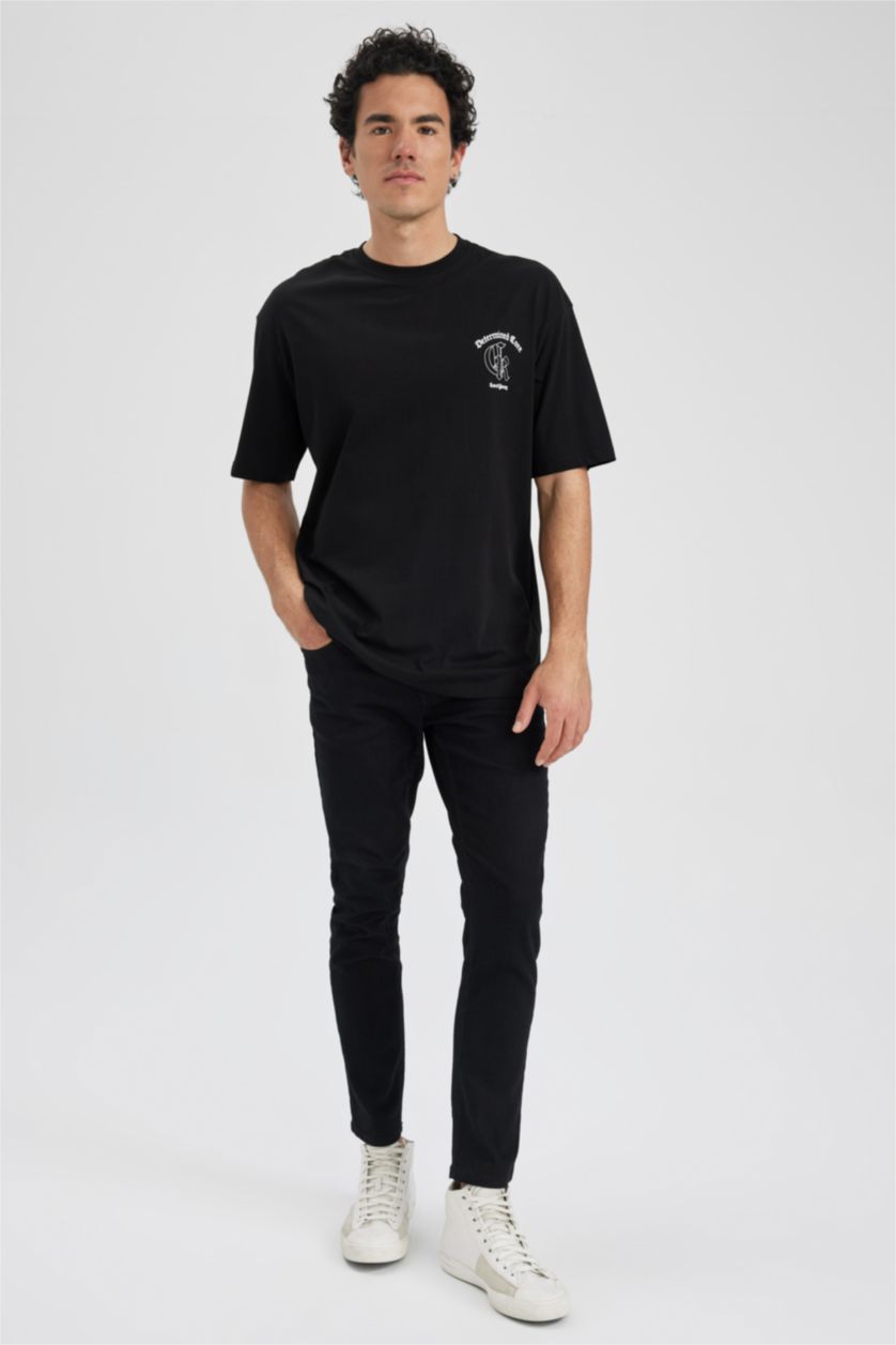 HOMME Noir T-Shirt Ample İmprimé À Col Rond