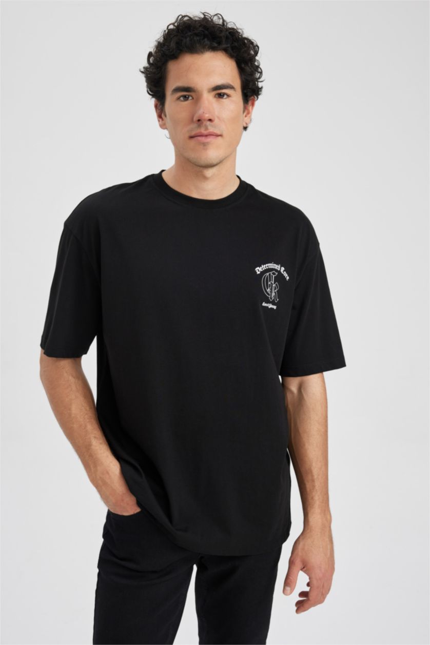 HOMME Noir T-Shirt Ample İmprimé À Col Rond