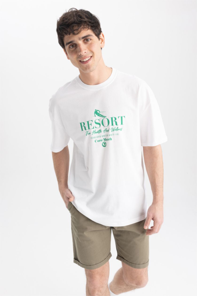 رجال أبيض تيشيرت قطن قصة مريحة برقبة مستديرة