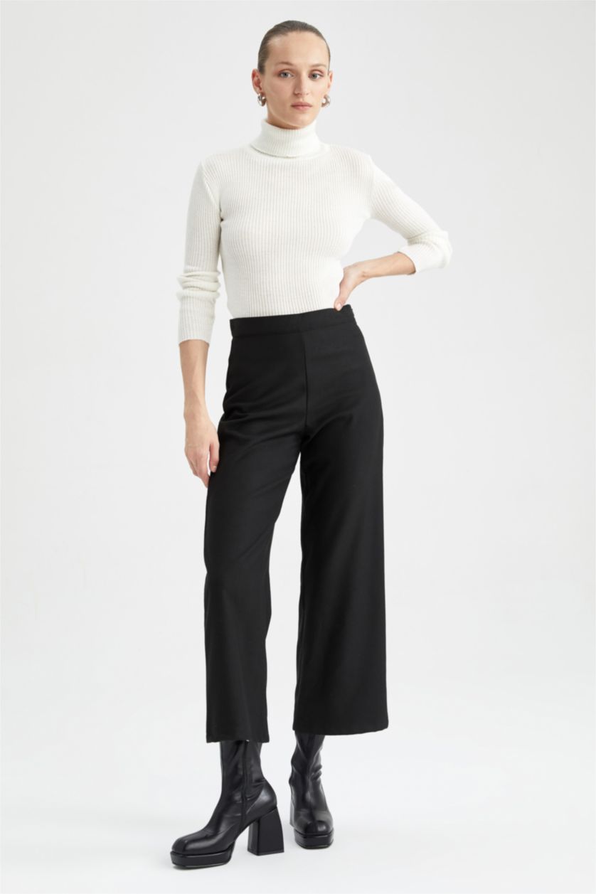 نساء أسود بنطلون قصة مستقيمة بخصر عادي برجل عريض