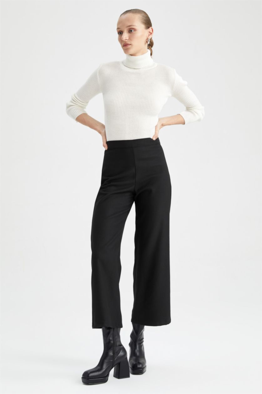 نساء أسود بنطلون قصة مستقيمة بخصر عادي برجل عريض