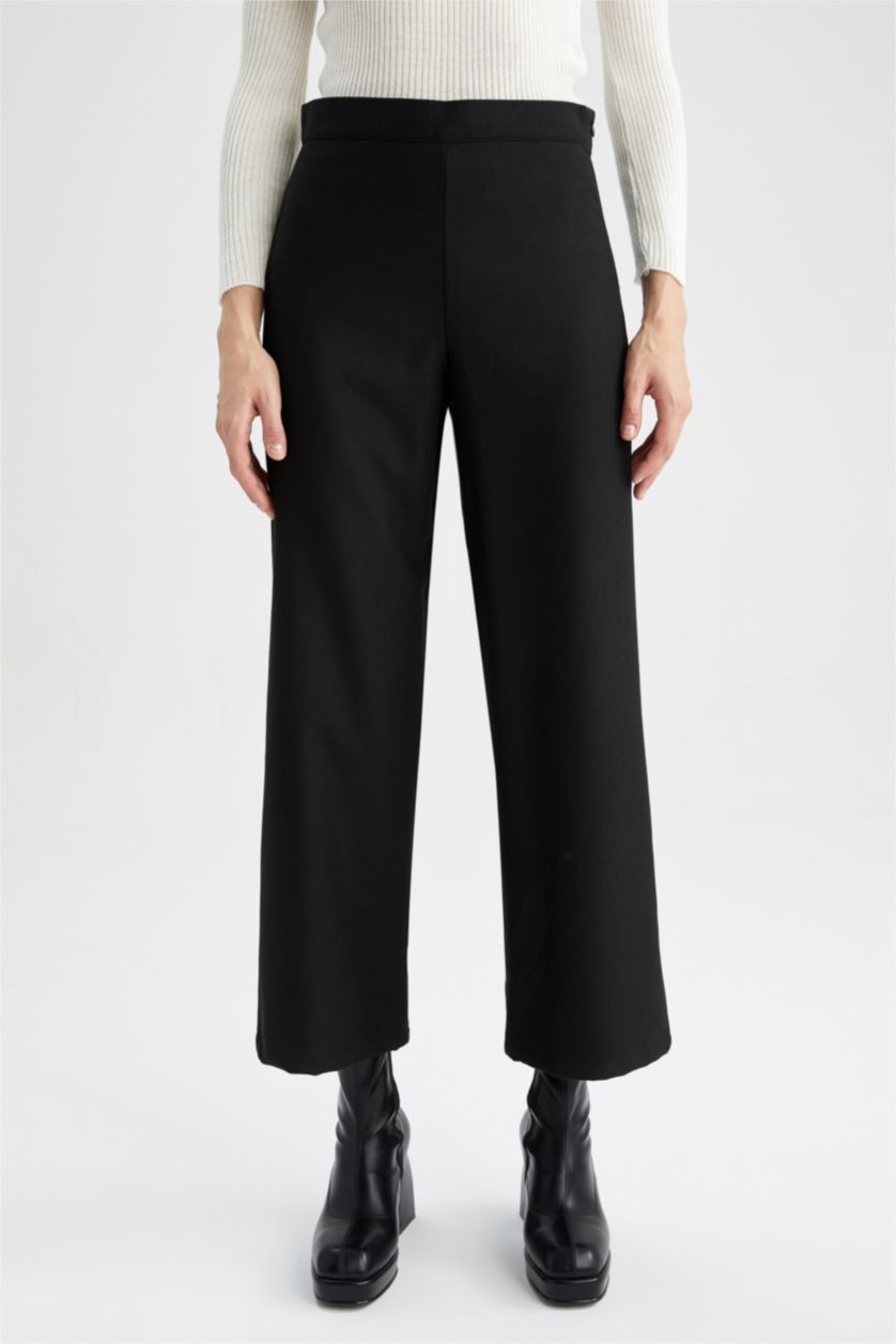 نساء أسود بنطلون قصة مستقيمة بخصر عادي برجل عريض