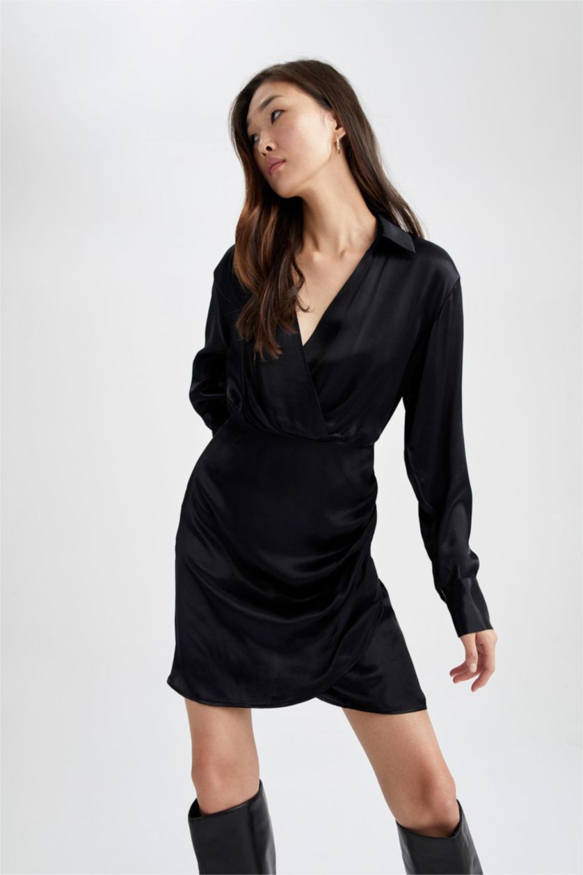 WOMAN Black Anvelop Skirt V-Neck Satin Mini Dress