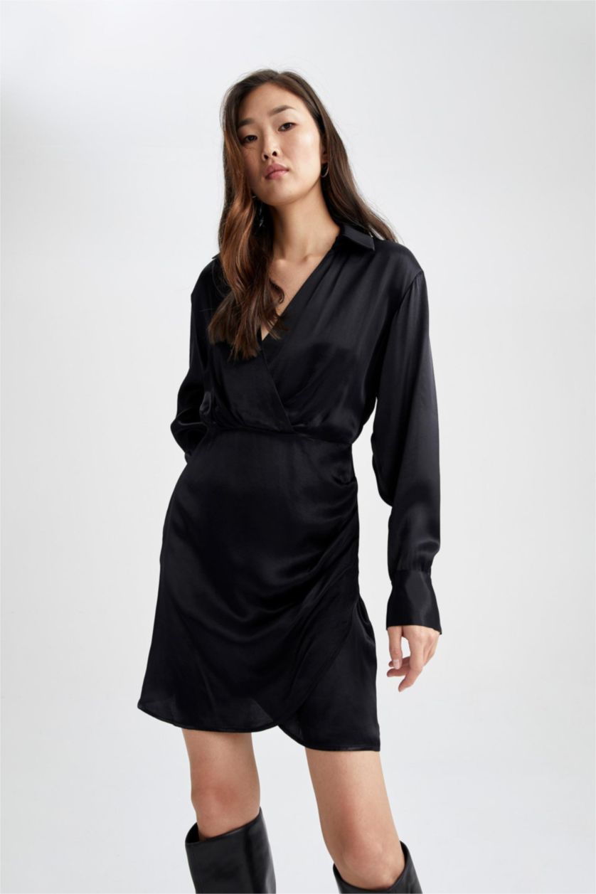 WOMAN Black Anvelop Skirt V-Neck Satin Mini Dress
