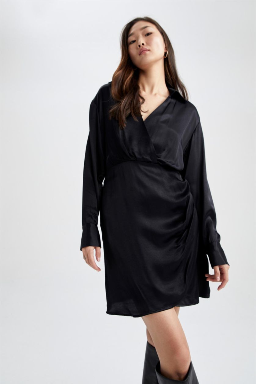 WOMAN Black Anvelop Skirt V-Neck Satin Mini Dress