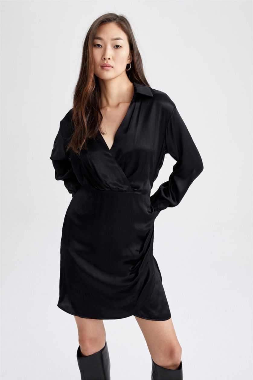 WOMAN Black Anvelop Skirt V-Neck Satin Mini Dress