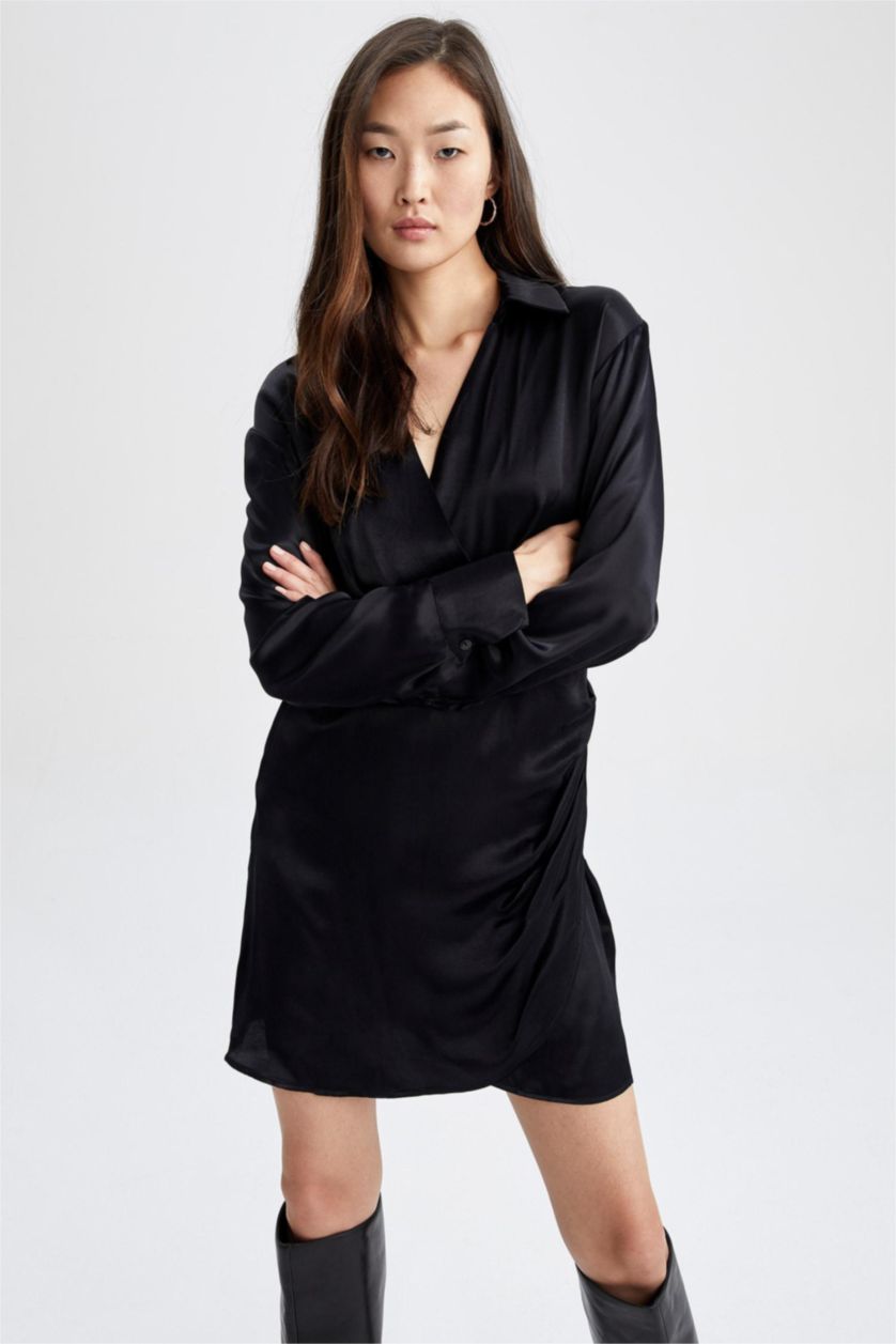 WOMAN Black Anvelop Skirt V-Neck Satin Mini Dress