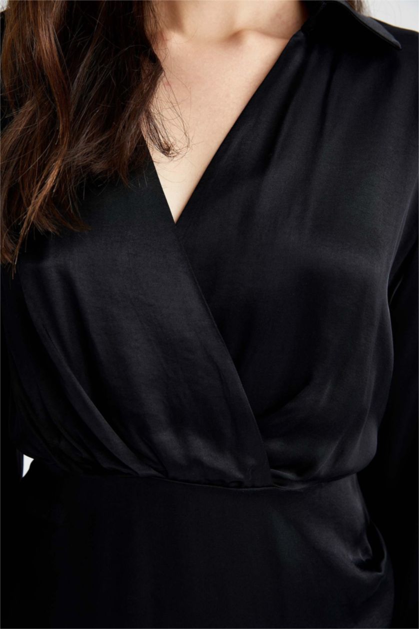 WOMAN Black Anvelop Skirt V-Neck Satin Mini Dress