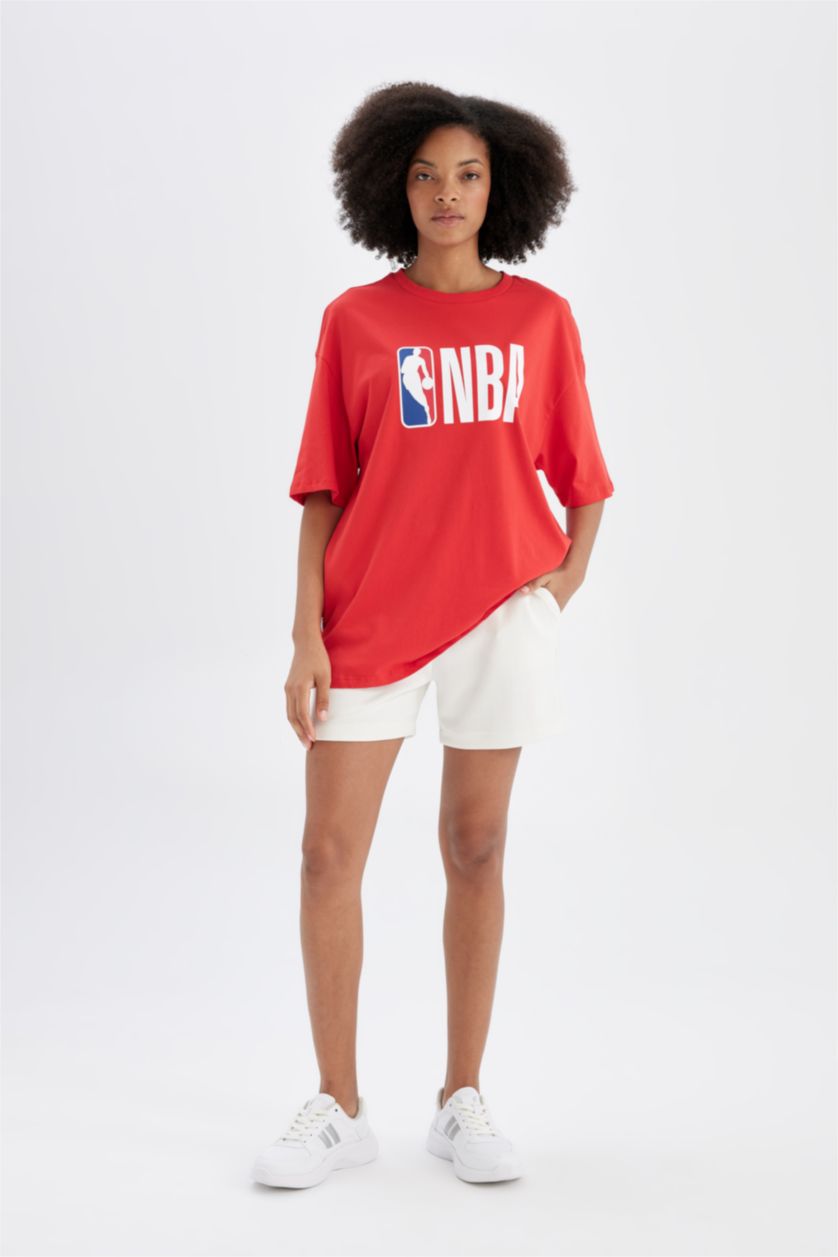 Kadın Kırmızı DeFactoFit NBA Boxy Fit Kısa Kollu %100 Pamuk Tişört