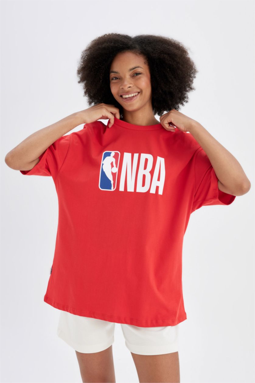 Kadın Kırmızı DeFactoFit NBA Boxy Fit Kısa Kollu %100 Pamuk Tişört