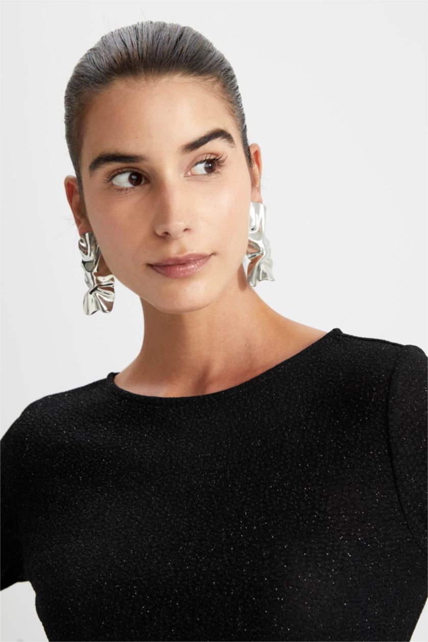 Woman Black Sequined Fabric Mini Dress