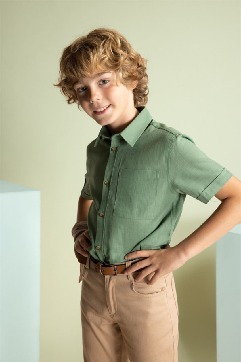 BOYS & TEENS Green Boy Linen Look Short Sleeve Shirt