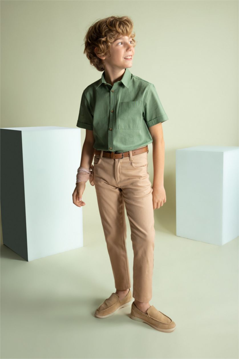 BOYS & TEENS Green Boy Linen Look Short Sleeve Shirt