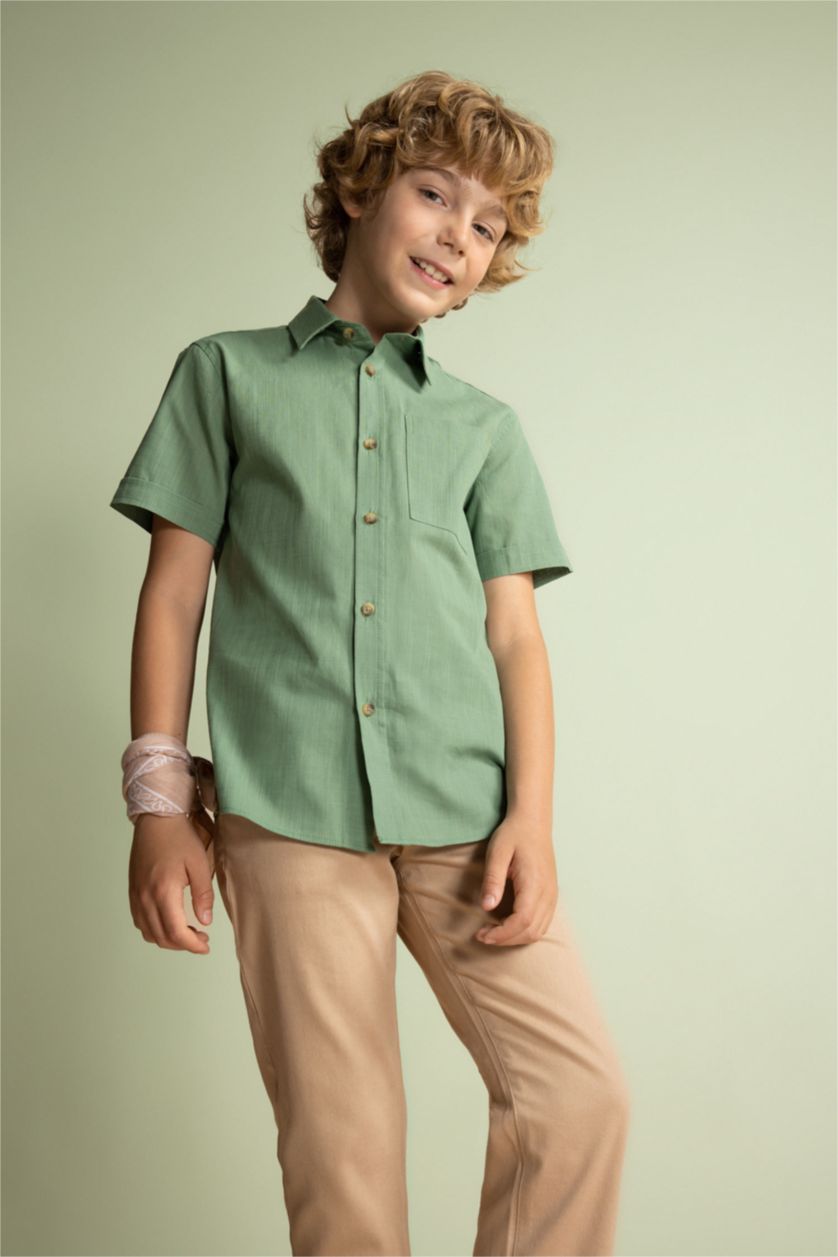 BOYS & TEENS Green Boy Linen Look Short Sleeve Shirt