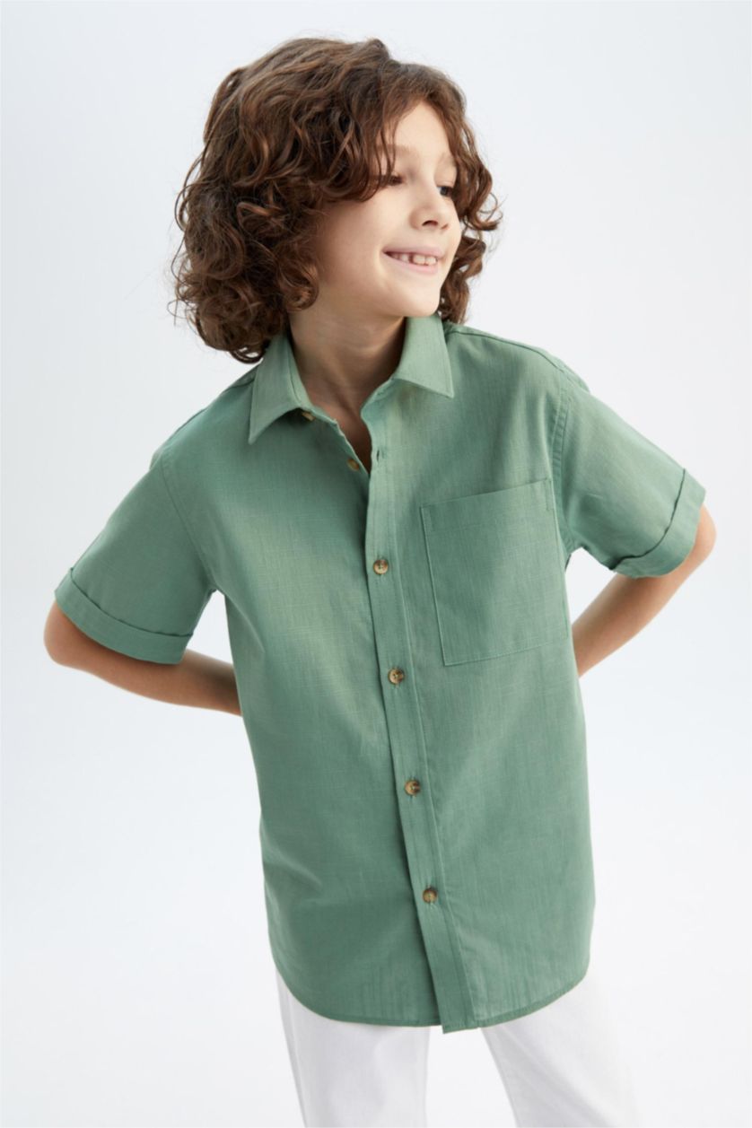 BOYS & TEENS Green Boy Linen Look Short Sleeve Shirt