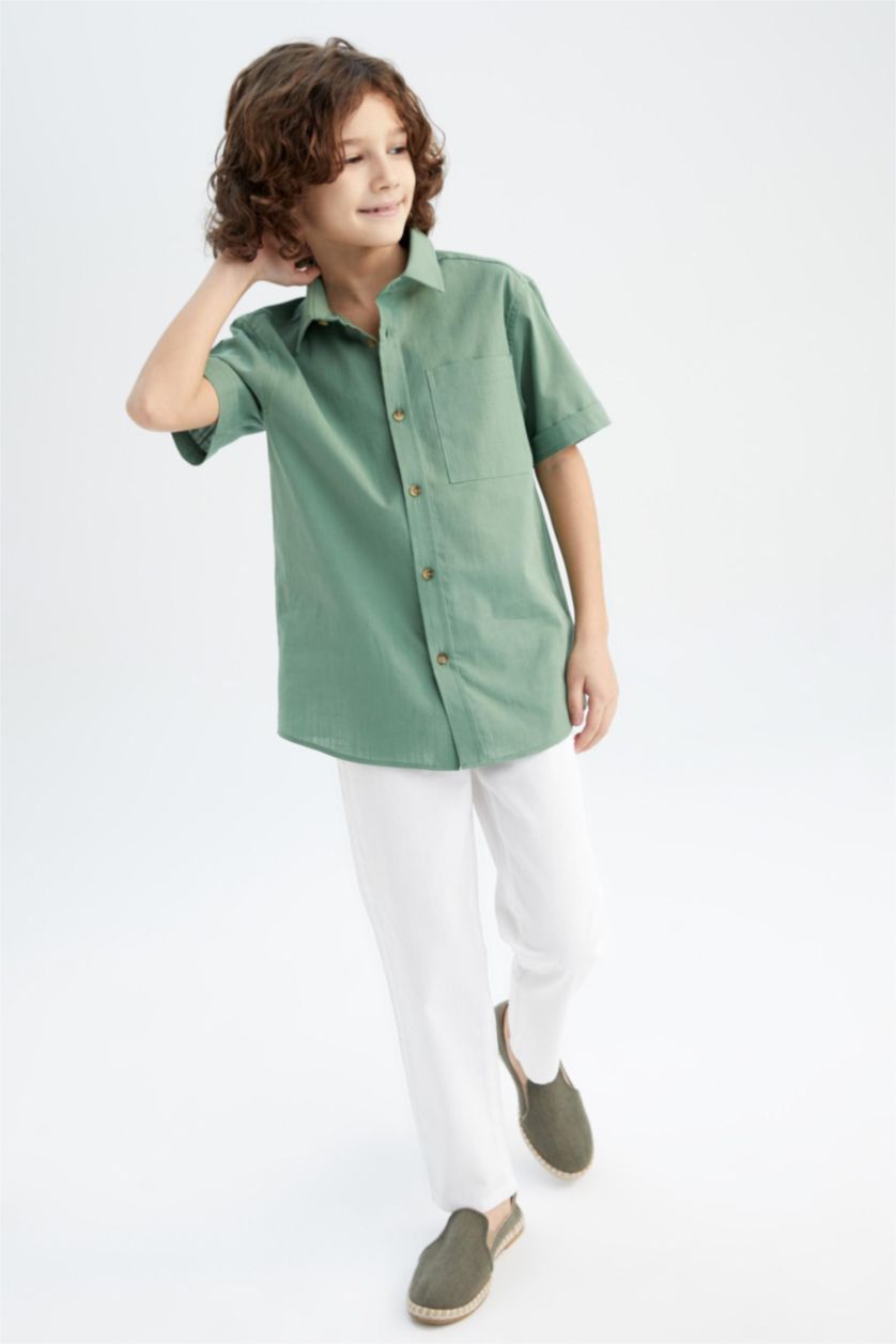 BOYS & TEENS Green Boy Linen Look Short Sleeve Shirt