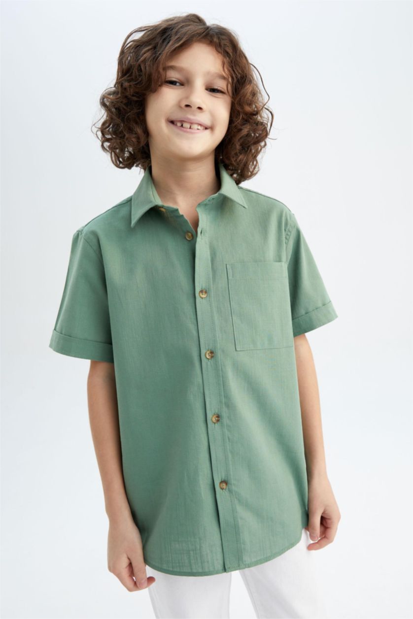 BOYS & TEENS Green Boy Linen Look Short Sleeve Shirt