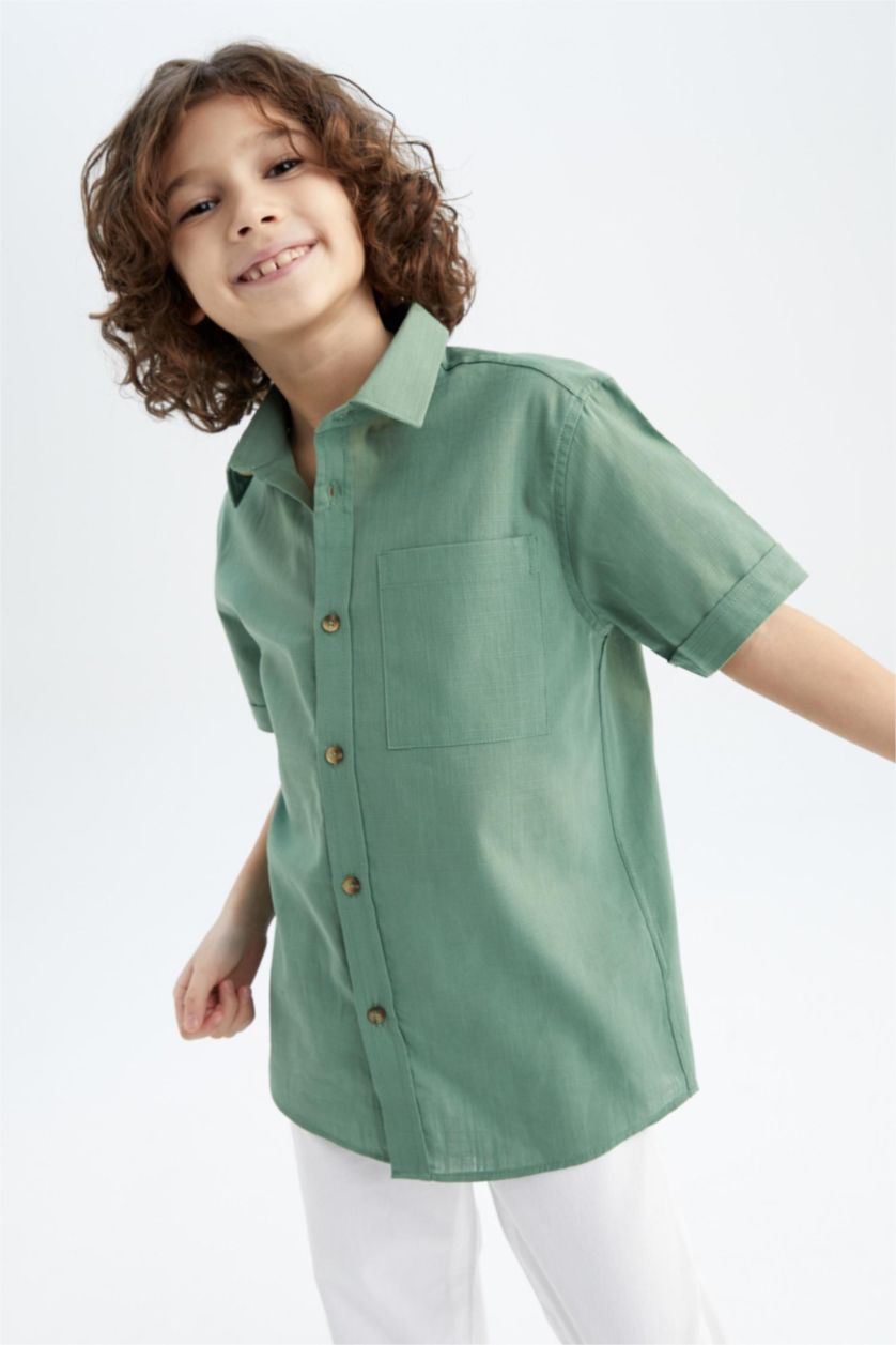 BOYS & TEENS Green Boy Linen Look Short Sleeve Shirt