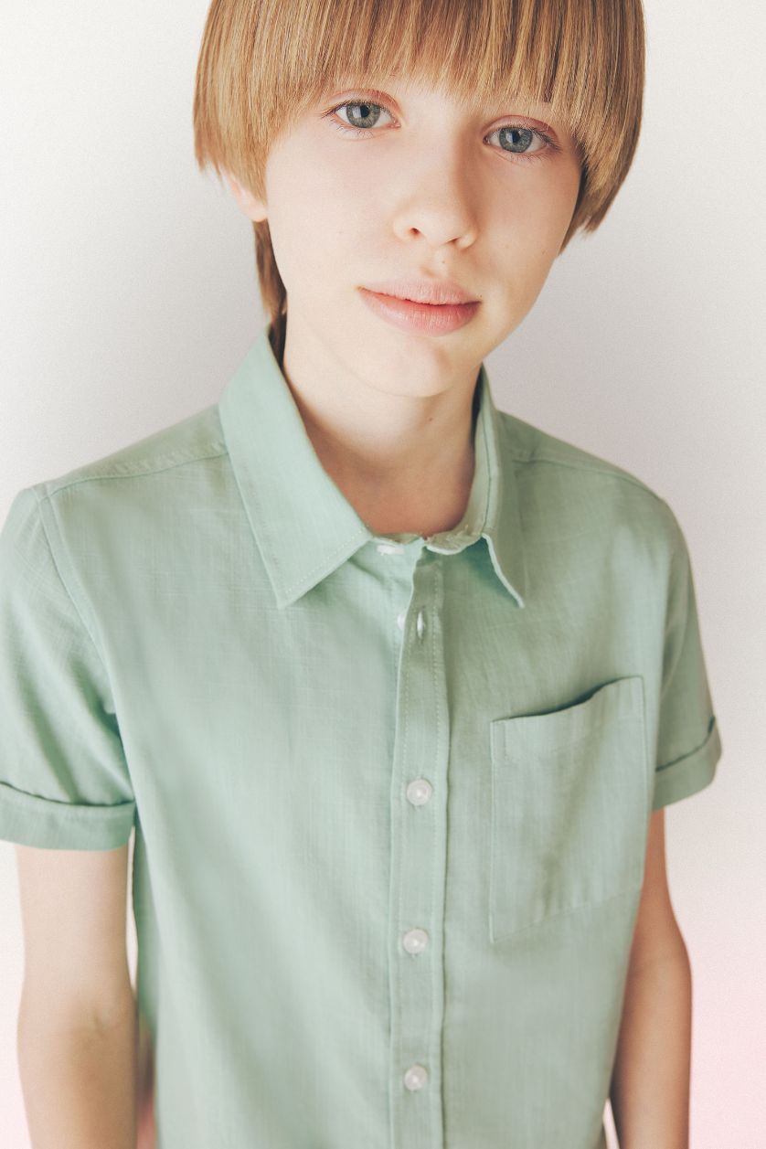 Erkek Çocuk - Genç Erkek Açık Yeşil Polo Yaka Keten Görünümlü Basic Düz Kısa Kollu Gömlek Erkek Çocuk