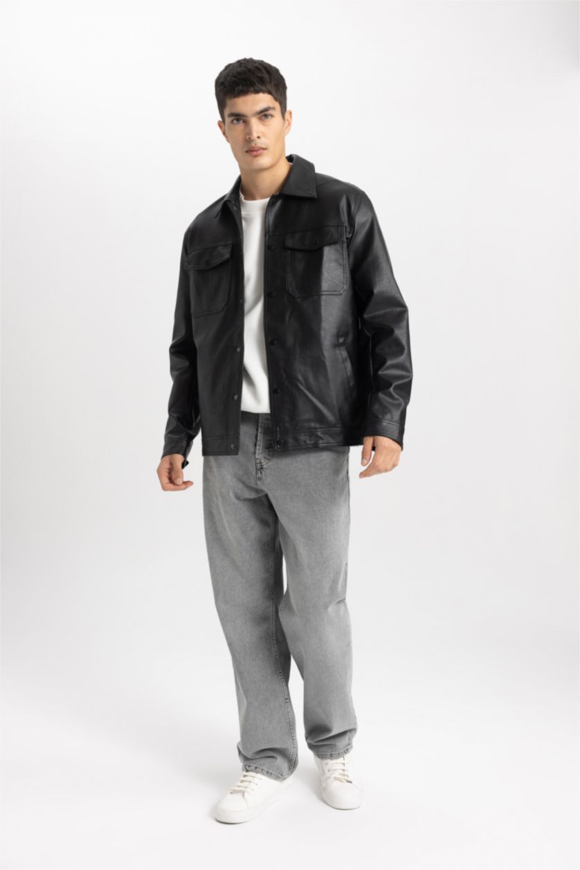 MAN Black Slim Fit Polo Collar Faux Leather Coat