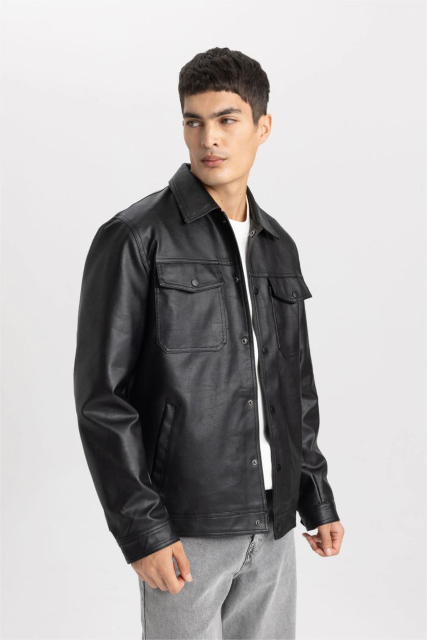 MAN Black Slim Fit Polo Collar Faux Leather Coat