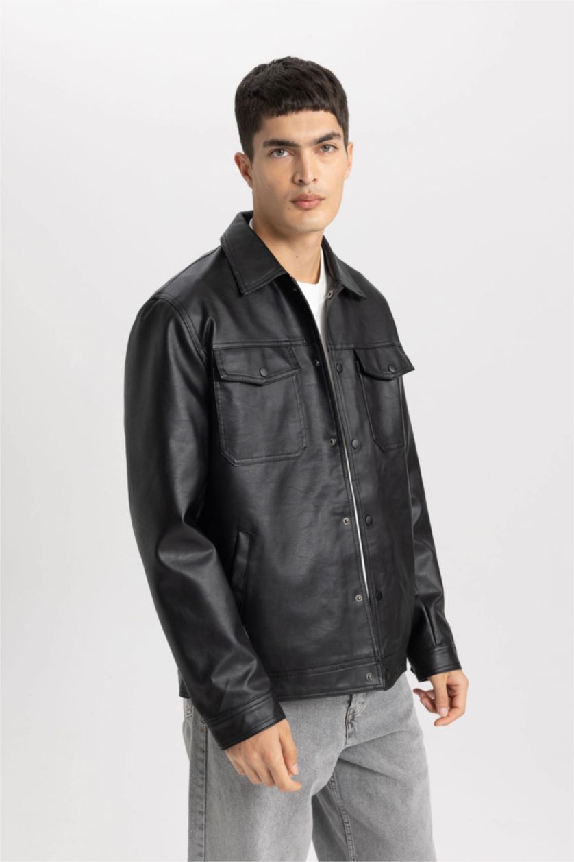 MAN Black Slim Fit Polo Collar Faux Leather Coat