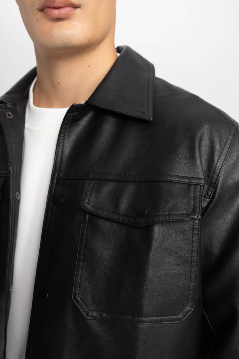 MAN Black Slim Fit Polo Collar Faux Leather Coat