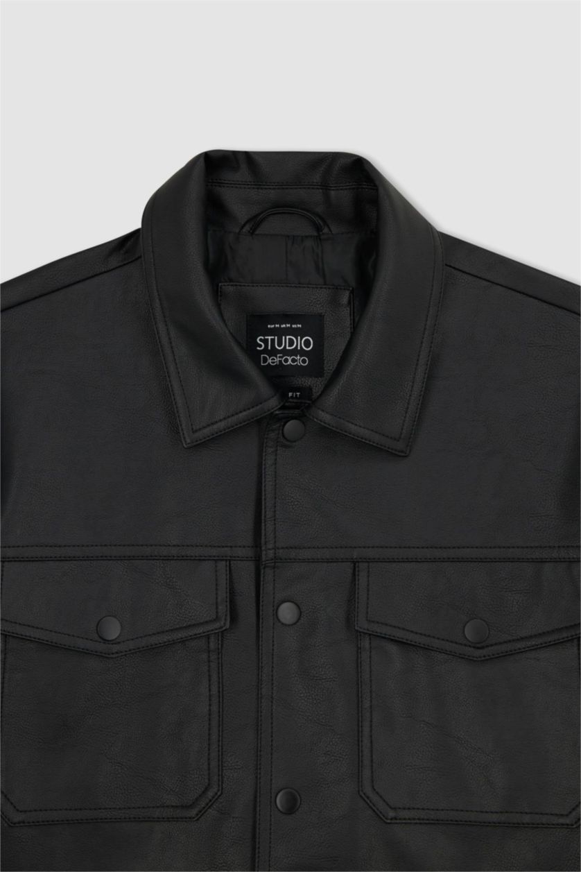 MAN Black Slim Fit Polo Collar Faux Leather Coat