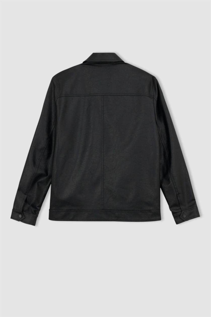 MAN Black Slim Fit Polo Collar Faux Leather Coat