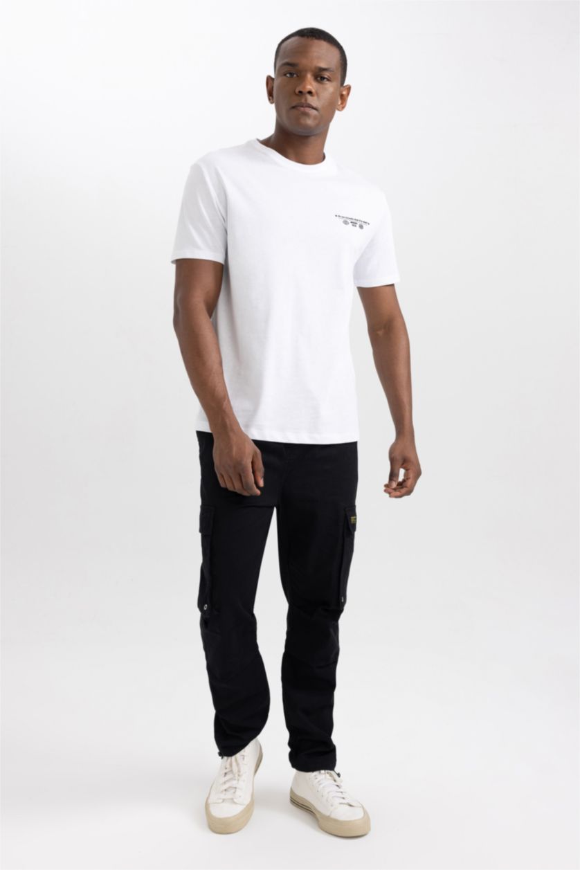 Erkek Beyaz Regular Fit Bisiklet Yaka Baskılı Kısa Kollu Tişört