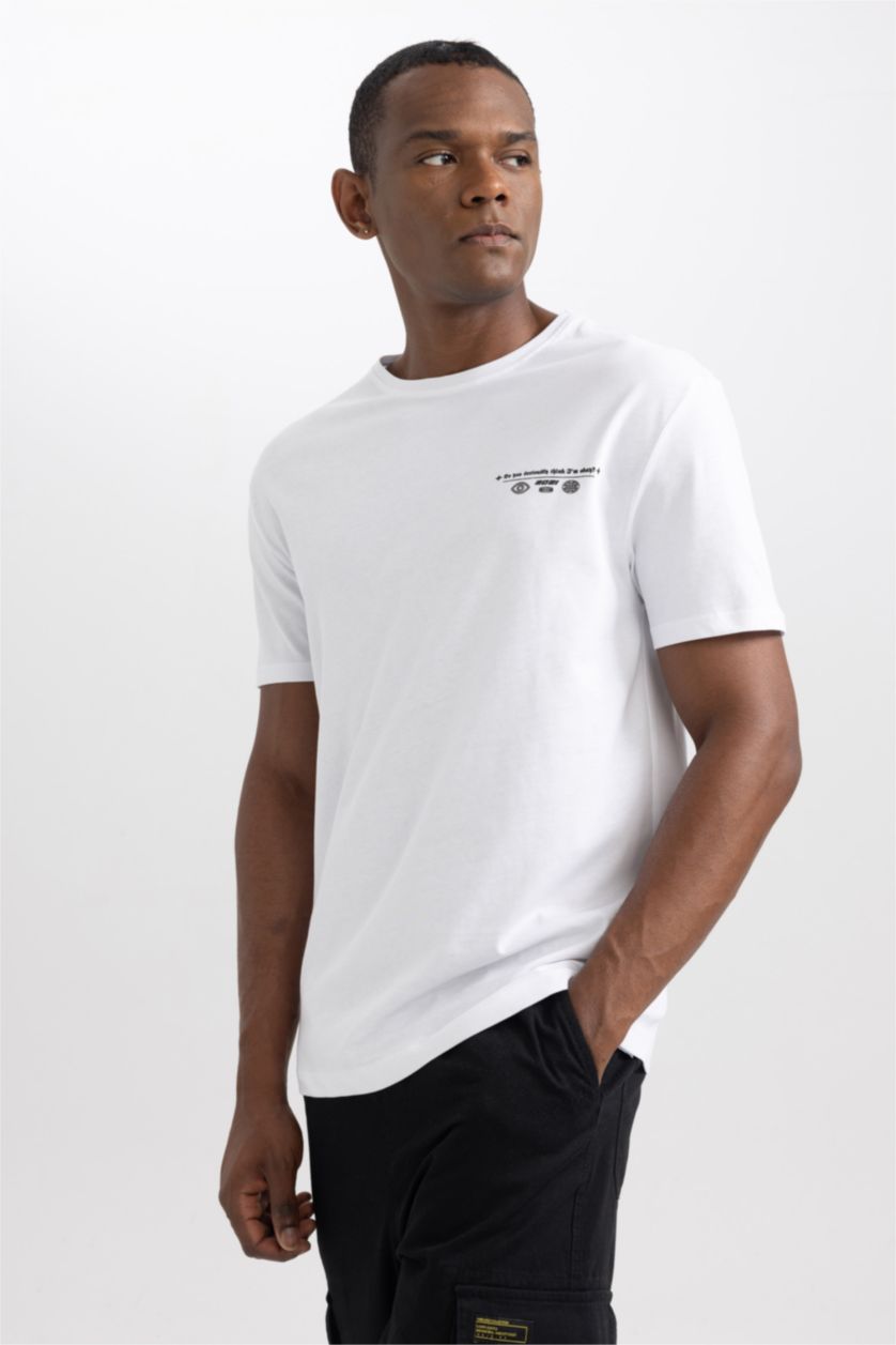Erkek Beyaz Regular Fit Bisiklet Yaka Baskılı Kısa Kollu Tişört