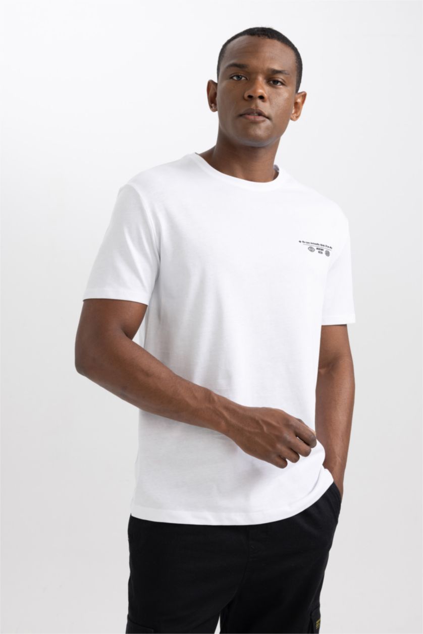 Erkek Beyaz Regular Fit Bisiklet Yaka Baskılı Kısa Kollu Tişört