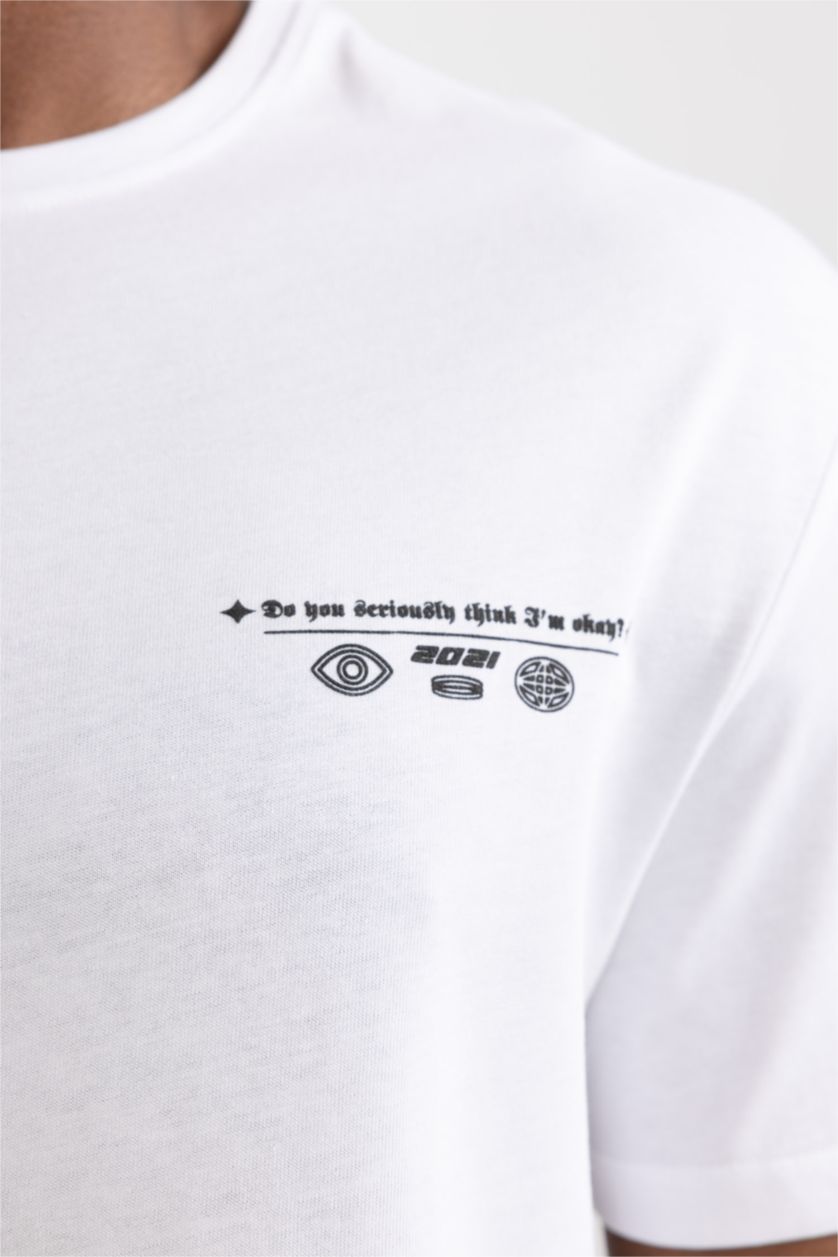 Erkek Beyaz Regular Fit Bisiklet Yaka Baskılı Kısa Kollu Tişört