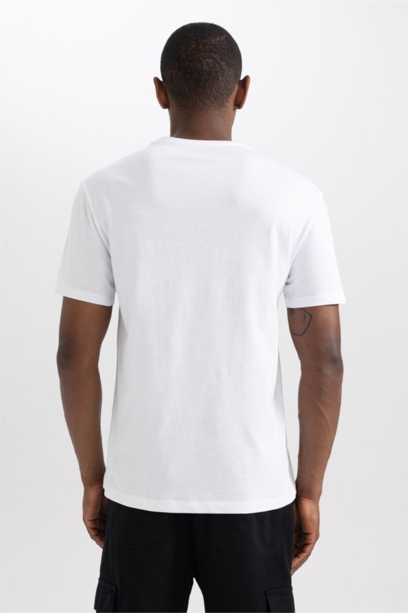 Erkek Beyaz Regular Fit Bisiklet Yaka Baskılı Kısa Kollu Tişört
