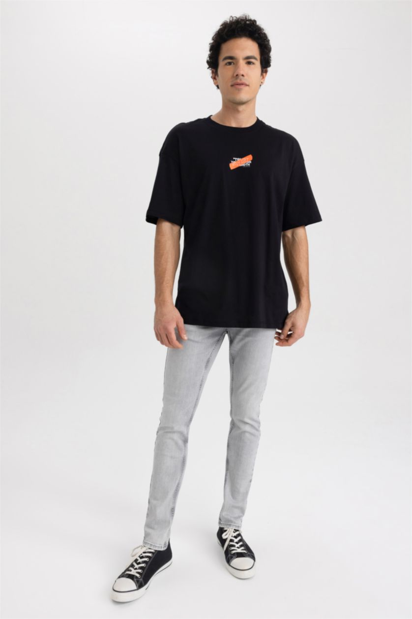 Мужчины Черный Футболка комфортного кроя с принтом из 100% хлопка