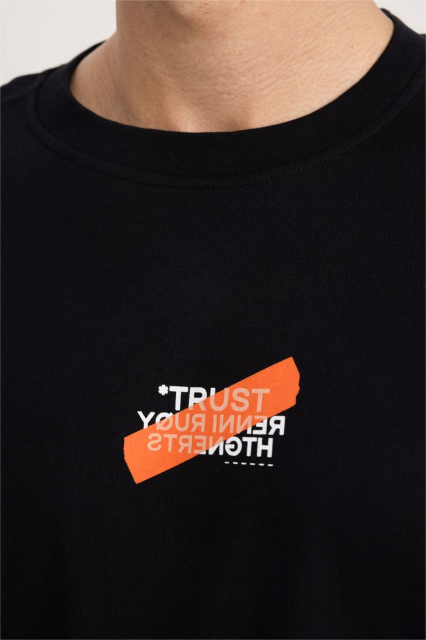 Мужчины Черный Футболка комфортного кроя с принтом из 100% хлопка