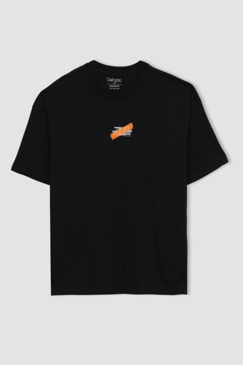 Мужчины Черный Футболка комфортного кроя с принтом из 100% хлопка