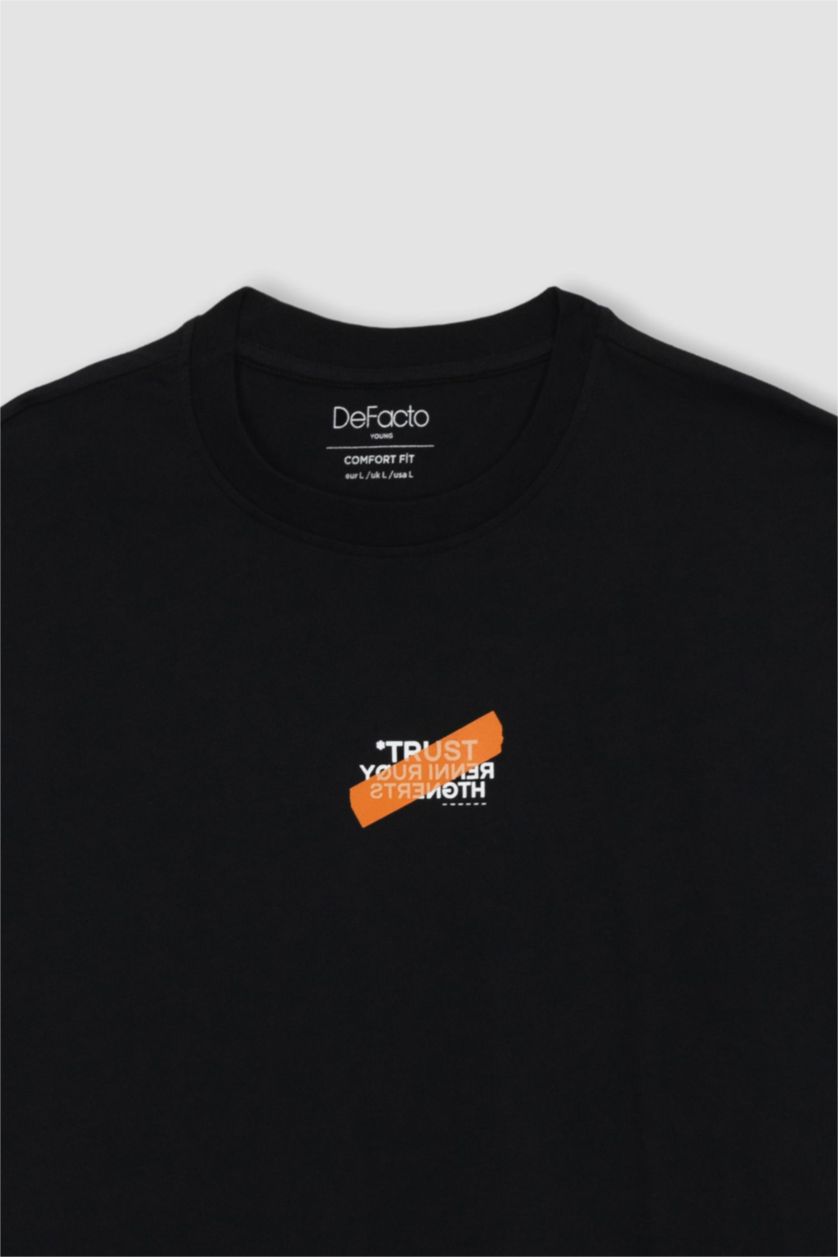 Мужчины Черный Футболка комфортного кроя с принтом из 100% хлопка