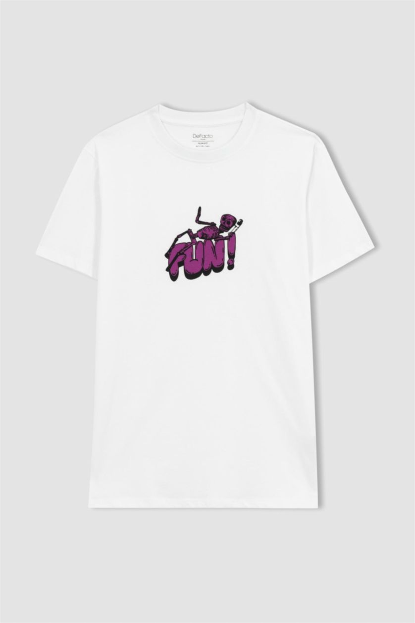 MAN White Slim Fit Crew Neck Printed Cotton T-Shirt