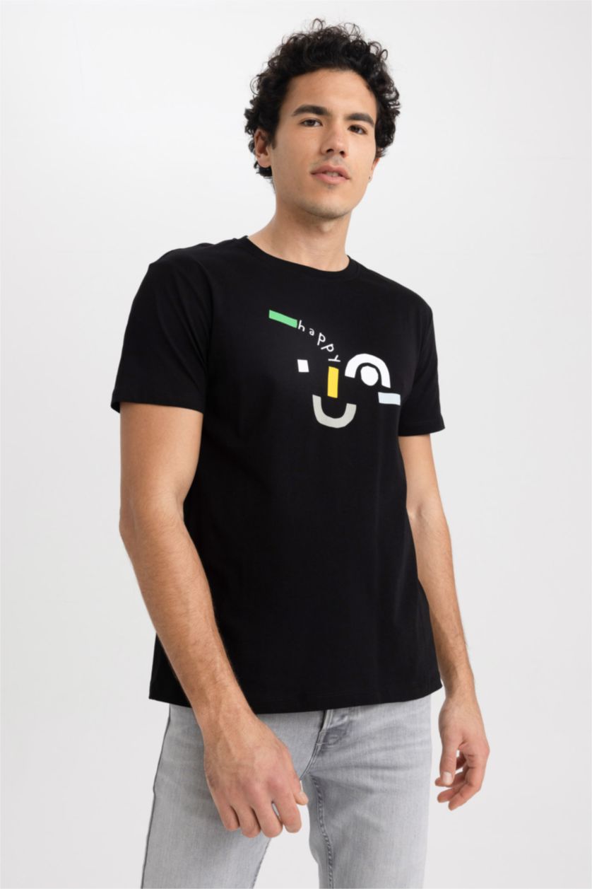 رجال أسود تي شيرت مطبوع قصة ضيقة بياقة مستديرة