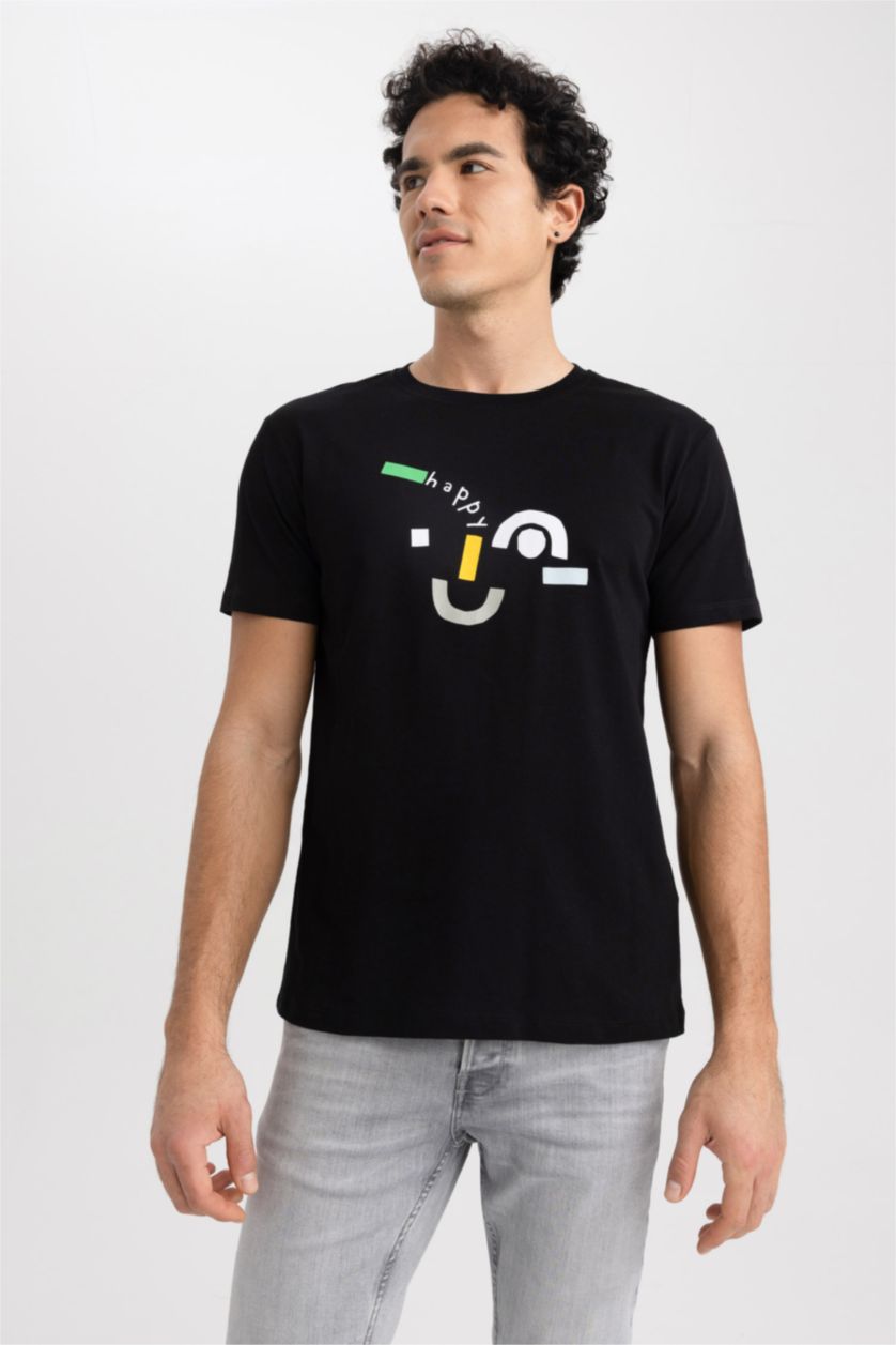 رجال أسود تي شيرت مطبوع قصة ضيقة بياقة مستديرة