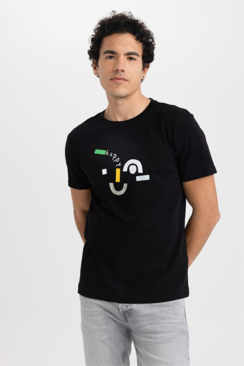 رجال أسود تي شيرت مطبوع قصة ضيقة بياقة مستديرة