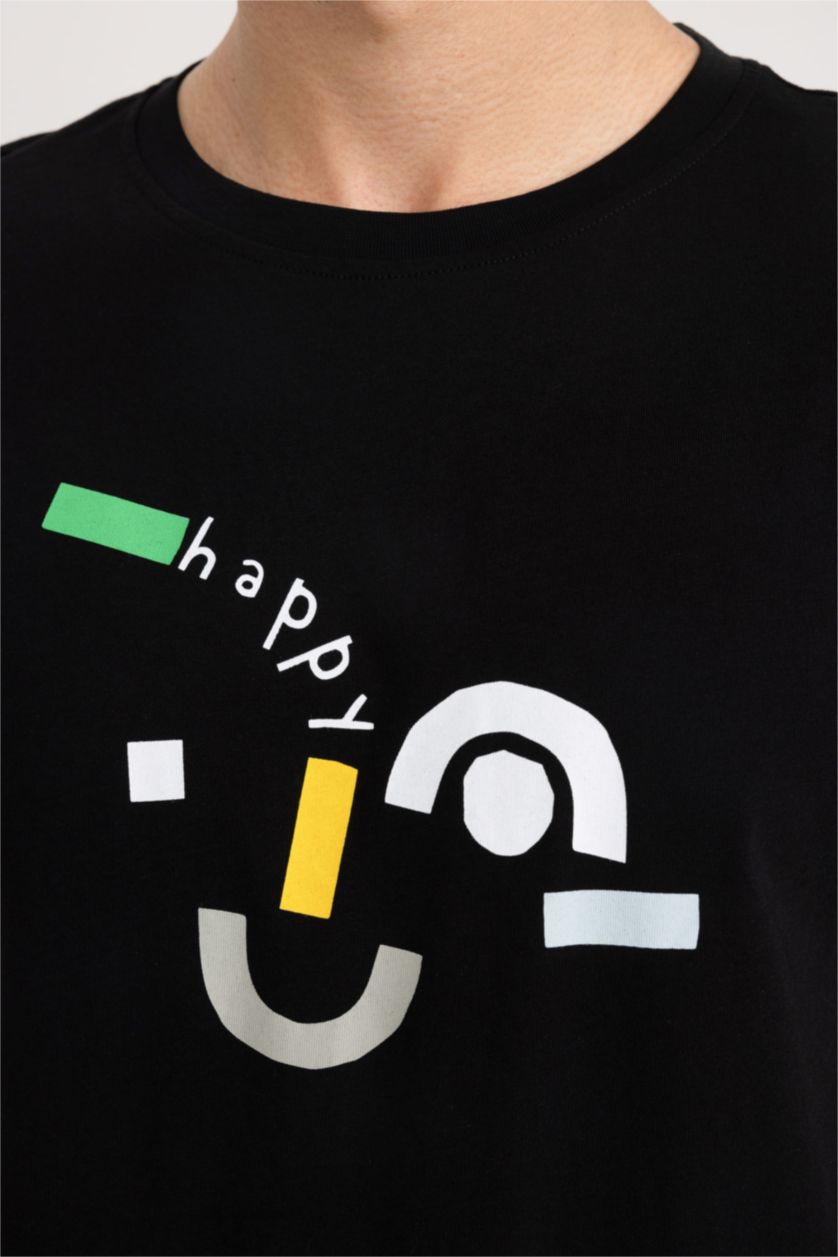 رجال أسود تي شيرت مطبوع قصة ضيقة بياقة مستديرة